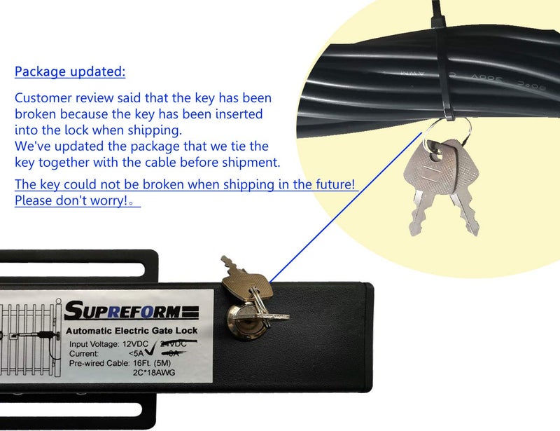 Supreform Universal 12VDC(NOT 24VDC) Outdoor Automatic Electric Gate Lock for Swing Gate Opener Operator Automatic Gate Openers, Fail Secure Gate Lock, UL Listed Cable - Image 4